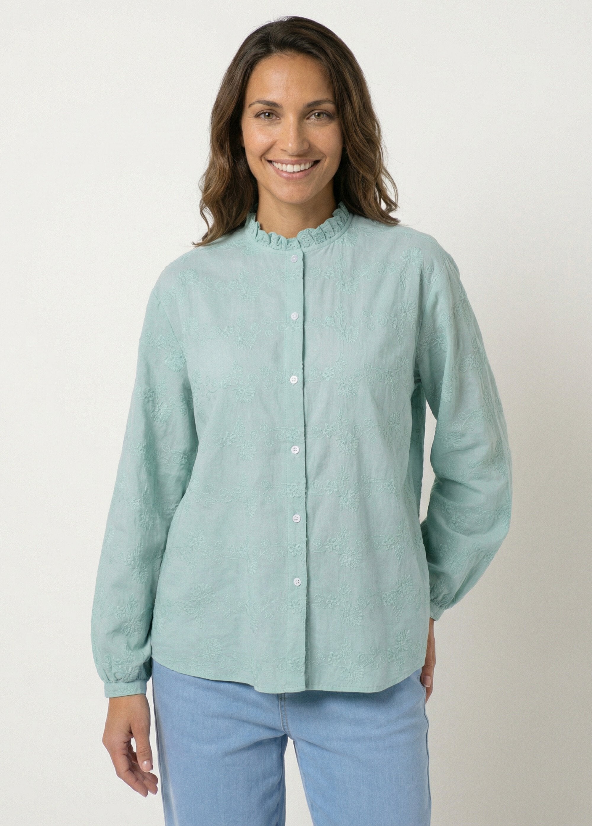 Embroidered_cotton_button-down_blouse_with_ruffled_collar_Green_FA1_slim