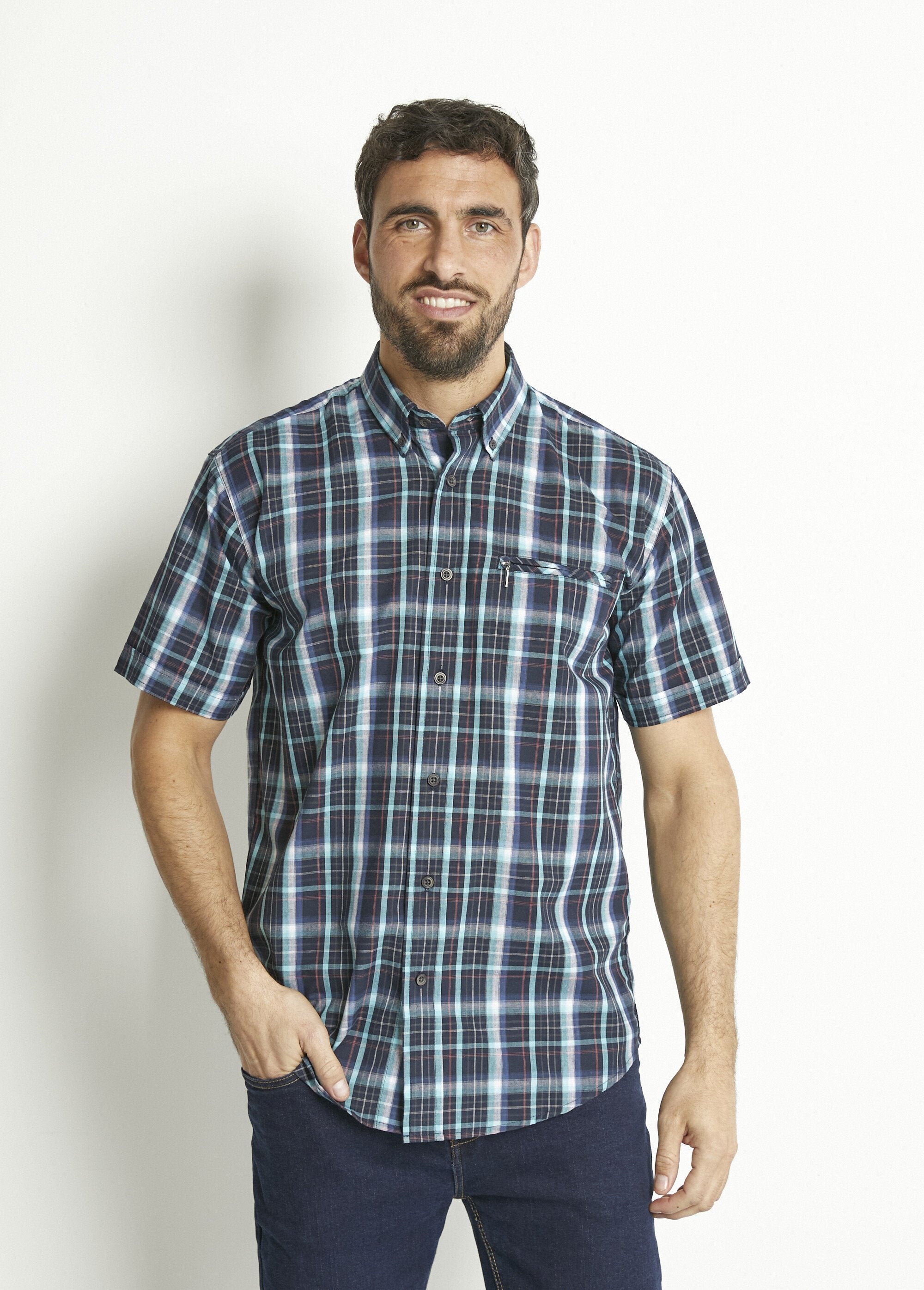 Short_sleeve_polycotton_checked_shirt_Blue_tiles_FA1_slim