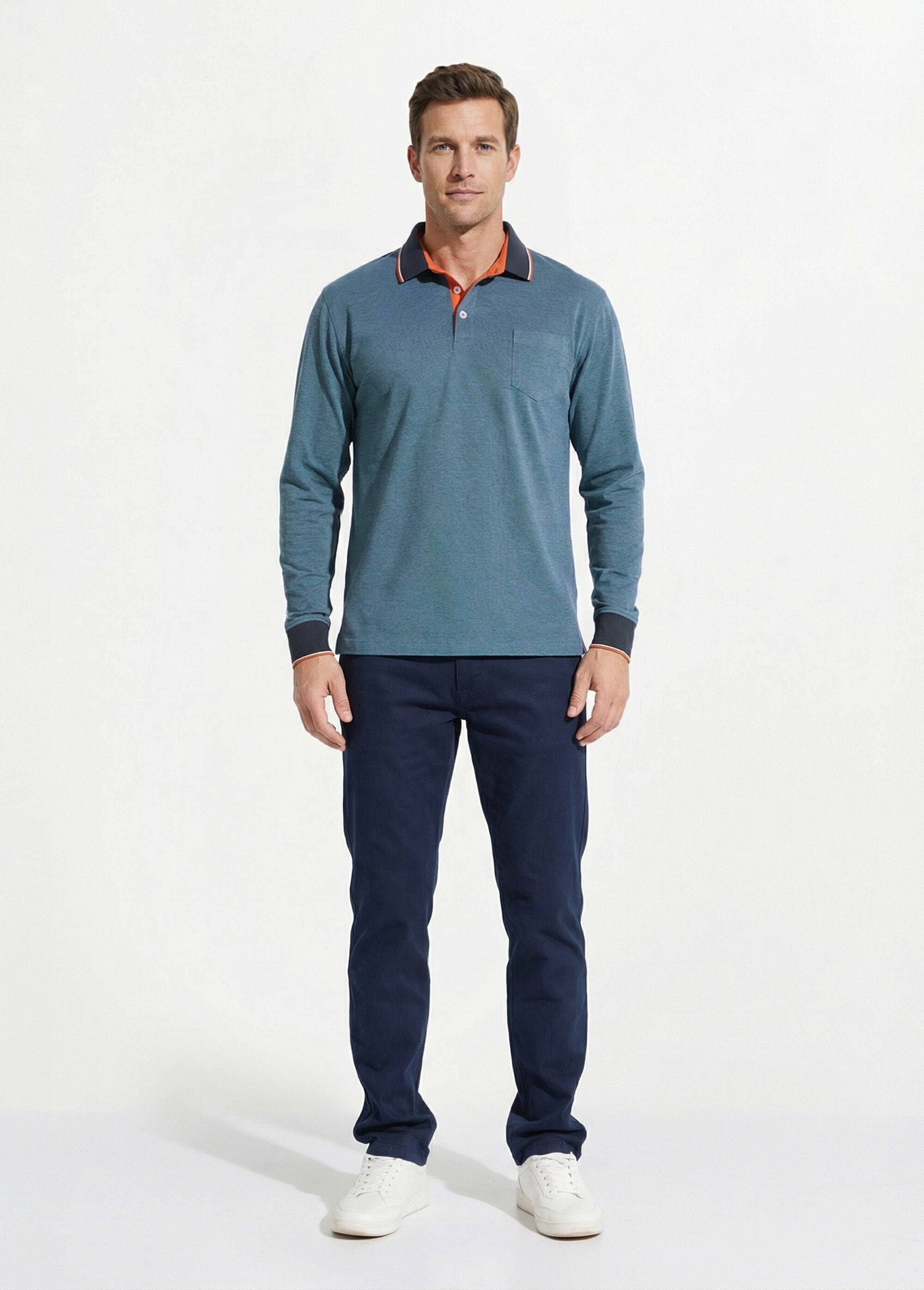 Long-sleeved_cotton_pique_knit_polo_shirt_Blue_SF1_slim