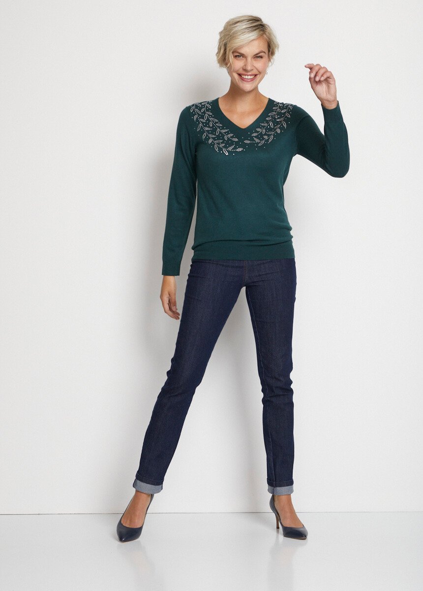 Long-sleeved_rhinestone_V-neck_sweater_Pine_green_SF1_slim