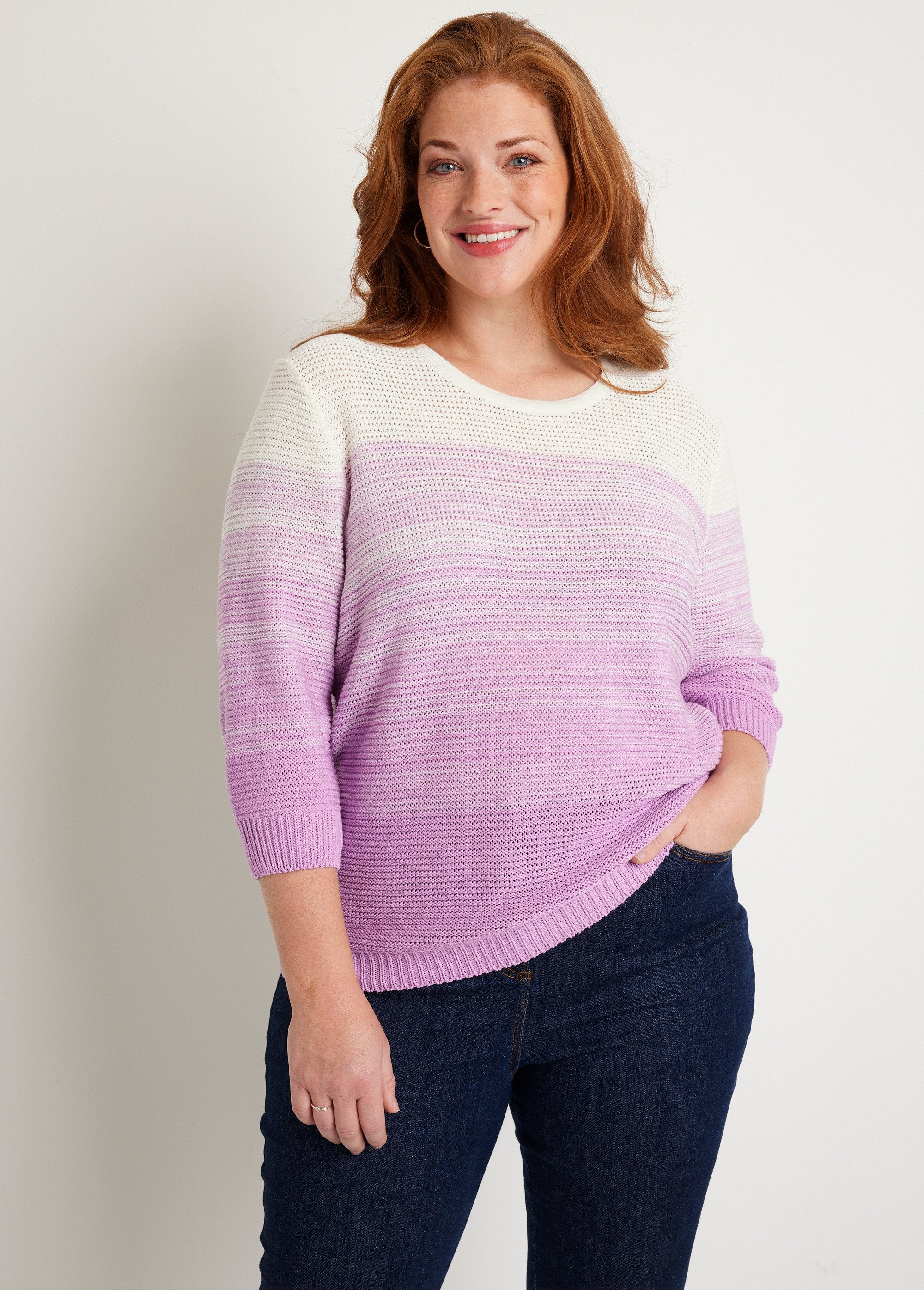 Soft_3/4_sleeve_cotton_sweater_White_and_purple_FA1_curvy