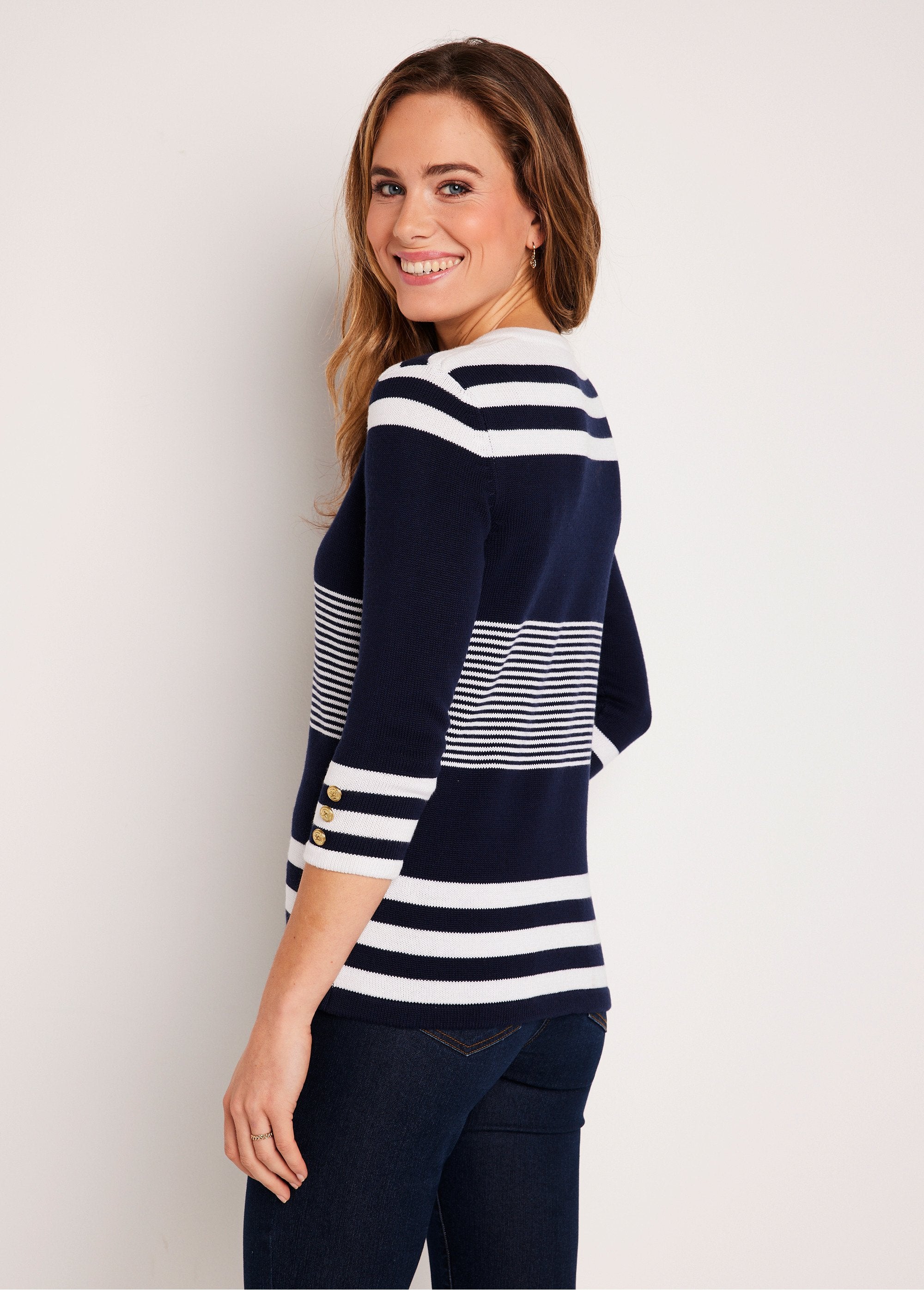 Striped_cotton_3/4_sleeve_sweater_Navy_and_white_DO1_slim