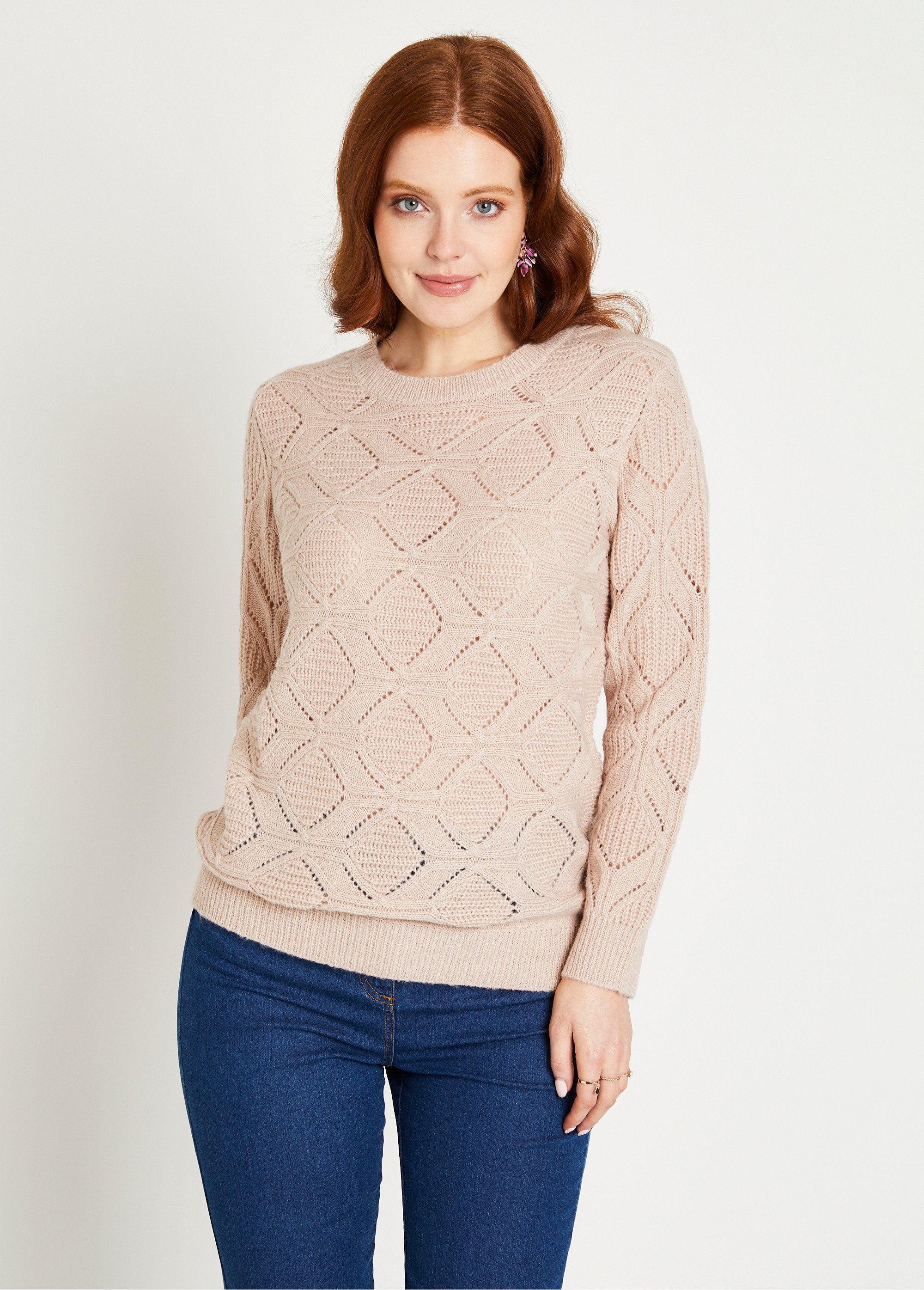 Tunic_sweater,_mid-length,_plain,_round_neck,_openwork_knit_Beige_pink_FA1_slim