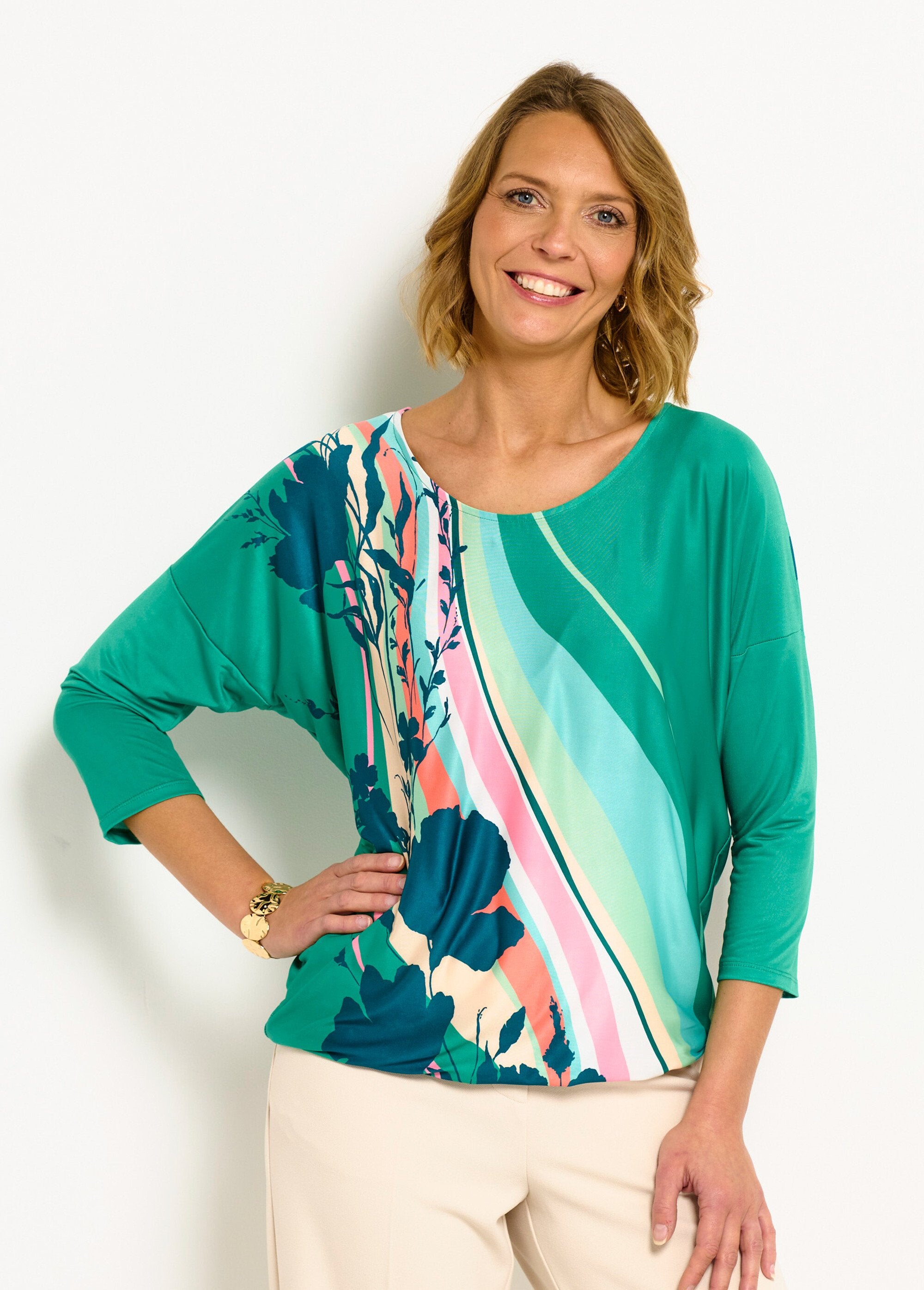 T-shirt_manches_3/4_blousant_à_motif_Vert_et_rose_FA1_slim