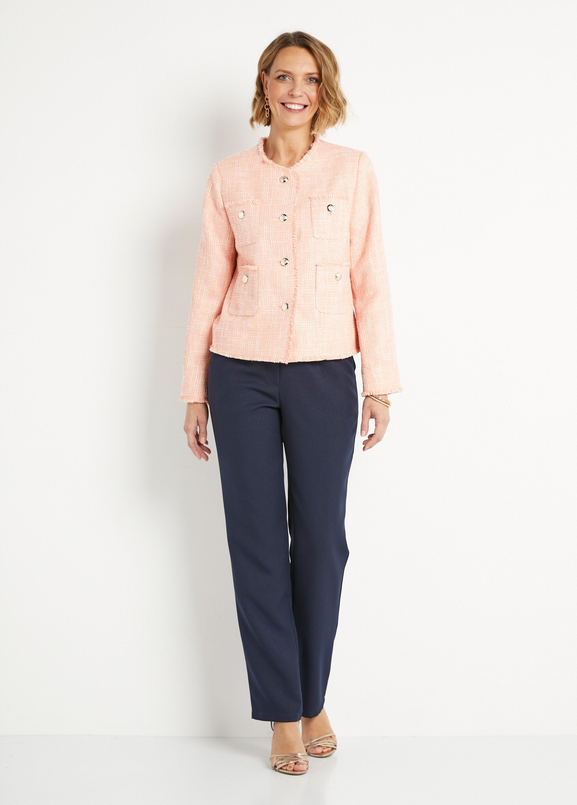 Short_buttoned_collarless_jacket_in_plain_woven_fabric_Apricot_SF1_slim